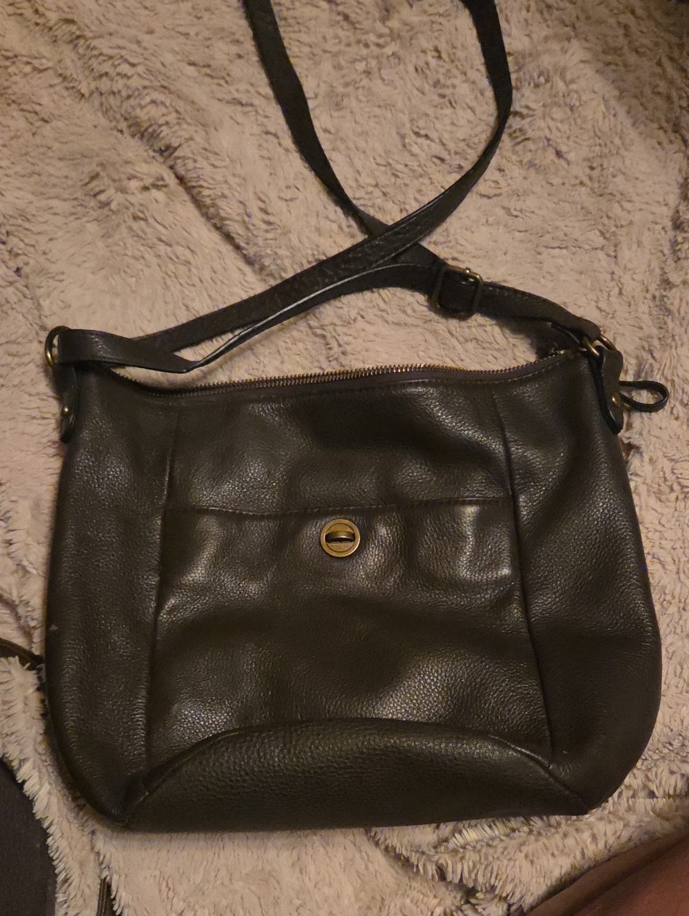 Textured Black Leather Crossbody Bag with Turn-Lock Pocket